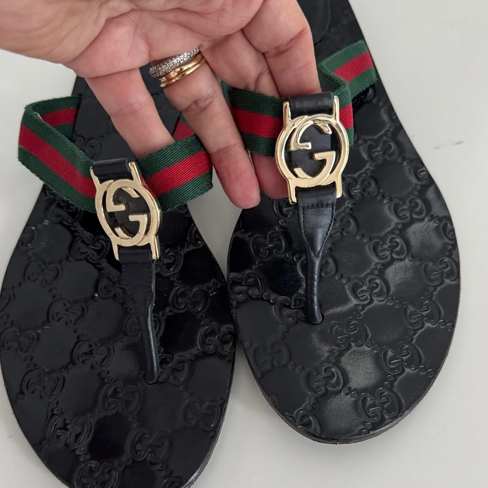Gucci Black Flip Flops with Red and Green Straps - Picture 7 of 11
